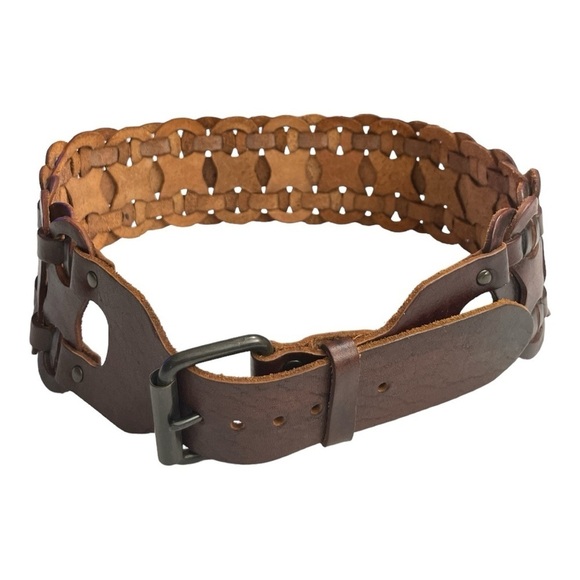 Equal Hands 3" Wide Brown Leather Belt Size S Interlocking Chain Boho ~ Chunky - Picture 1 of 16